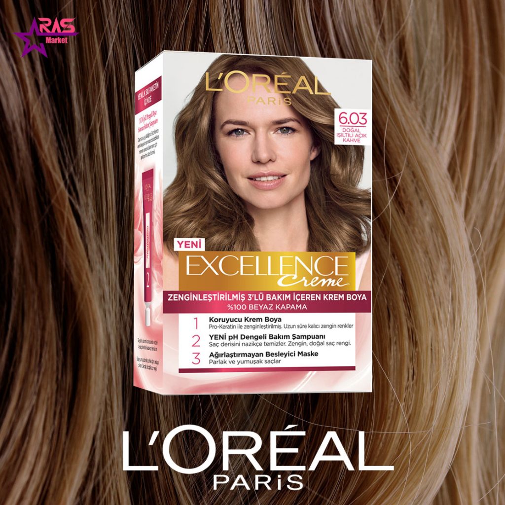 کیت رنگ مو لورآل سری Excellence شماره 6.03 ، خرید اینترنتی محصولات شوینده و بهداشتی ، بهداشت بانوان ، loreal