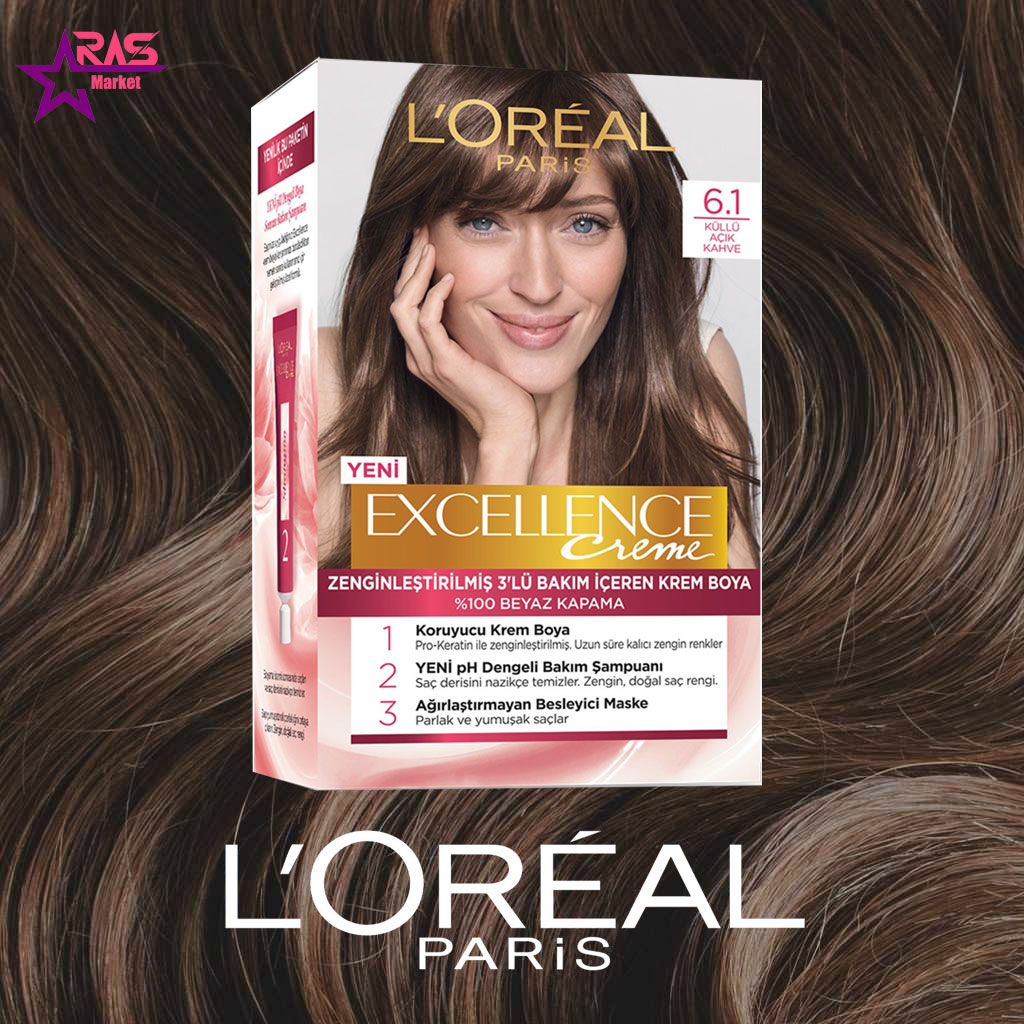 کیت رنگ مو لورآل سری Excellence شماره 6.1 ، خرید اینترنتی محصولات شوینده و بهداشتی ، بهداشت بانوان ، loreal