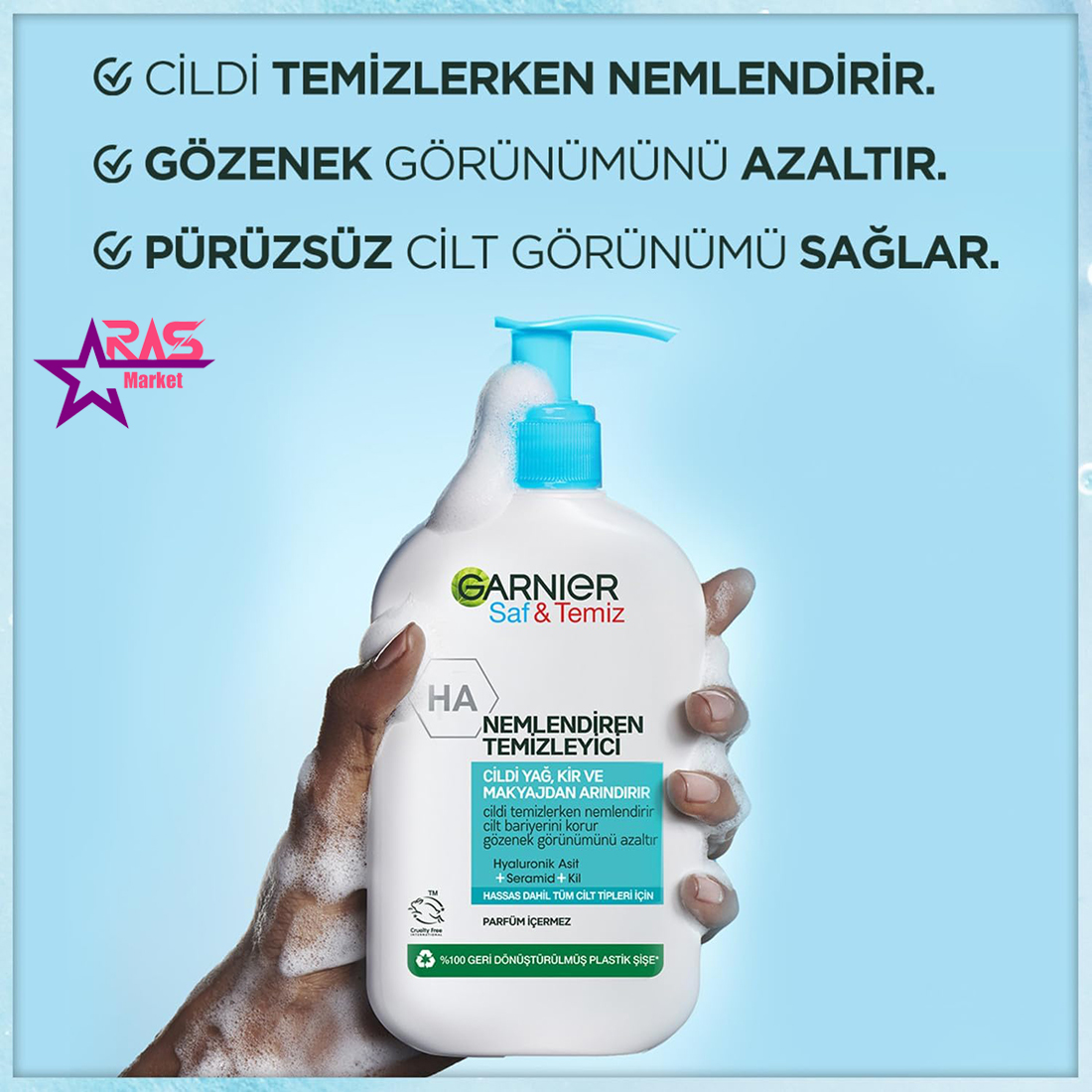 خرید ژل شستشوی صورت مرطوب کننده گارنیر حاوی هیالورونیک اسید، سرامید و خاک رس مناسب انواع پوست